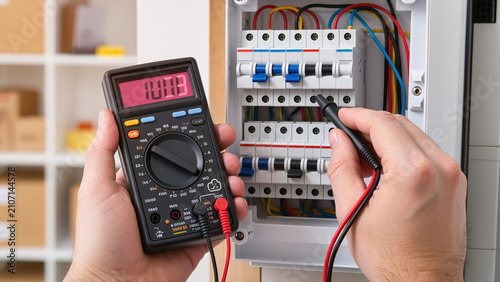 Fotografie Electrician testing voltage with multimeter in circuit breaker box, Technician m
