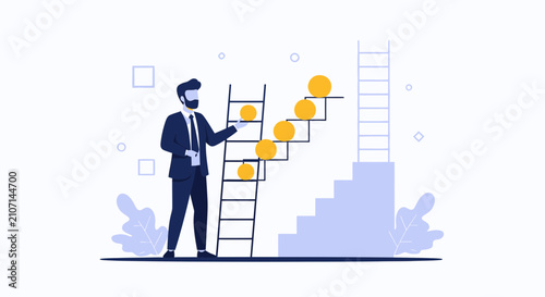 Business Man Climbing Ladder of Success with Golden Spheres representing Goals and Achievements, Vector Illustration