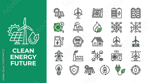 Clean energy future icon set, renewable power and sustainable technology vector symbols, eco friendly green energy line icons for environmental conservation