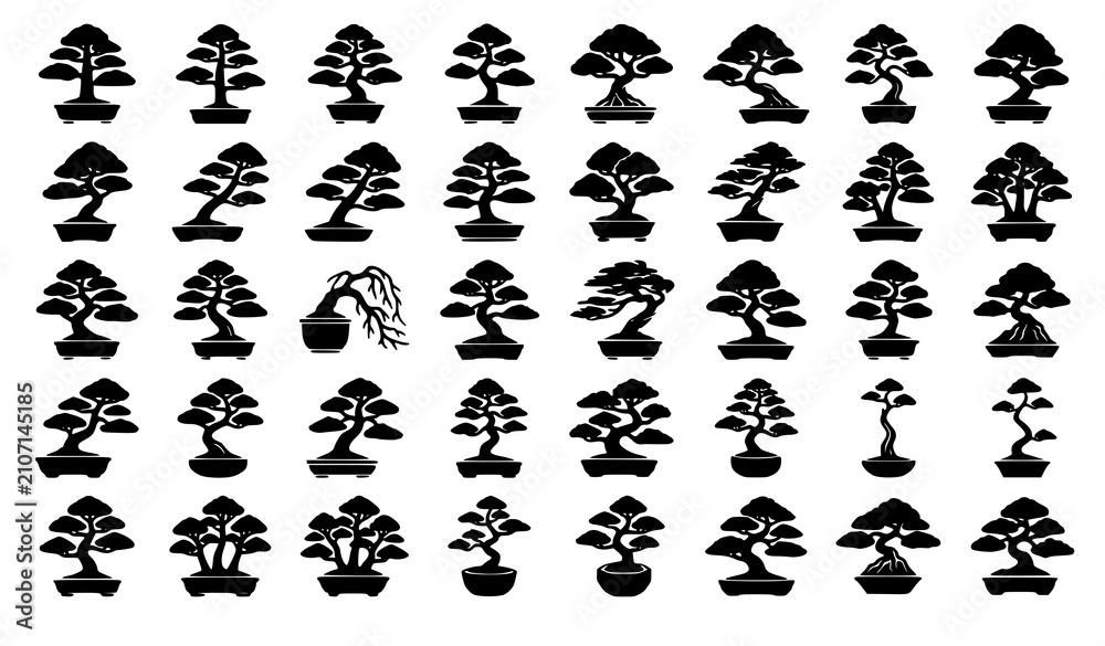 Fototapeta premium Minimalist Bonsai Tree Black Silhouette Vector Collection with Japanese Garden Artwork