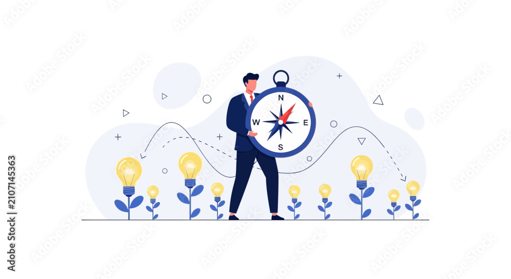 Fototapeta premium Businessman holding compass amidst growing light bulb plants, symbolizing innovation, strategy, and business growth.