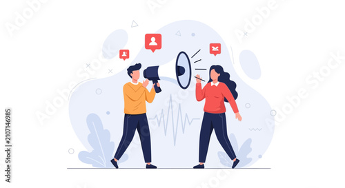 Diverse People Announcing with Megaphones and Social Media Icons