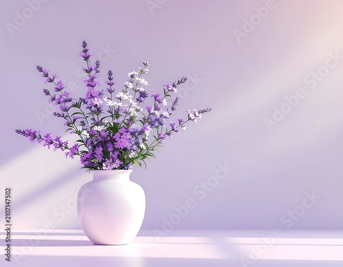 Delicate purple flowers in white vase on soft background.