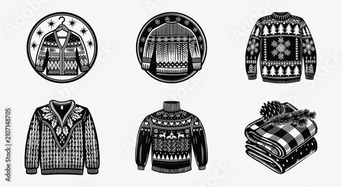 Vintage linocut vector set of cozy Christmas sweaters, cardigans, and folded blanket with pinecone in black and white woodcut style.