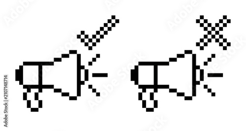 Two Line Megaphone Pixel Art Icons with Lock and Check Symbols