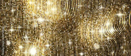 Foto Gold sequin curtain with wavy draped folds and sparkling lens flares, shimmering