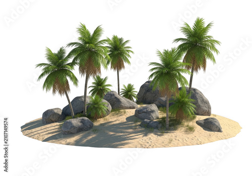 Small tropical island with palm trees and rocks isolated on transparent background