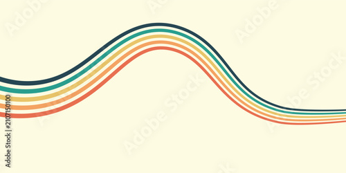 Abstract colorful 70s background vector. Vintage retro wallpaper with rainbow stripes and wavy lines. A 1970 color illustration suitable for posters, banners, decorative items and wall art.