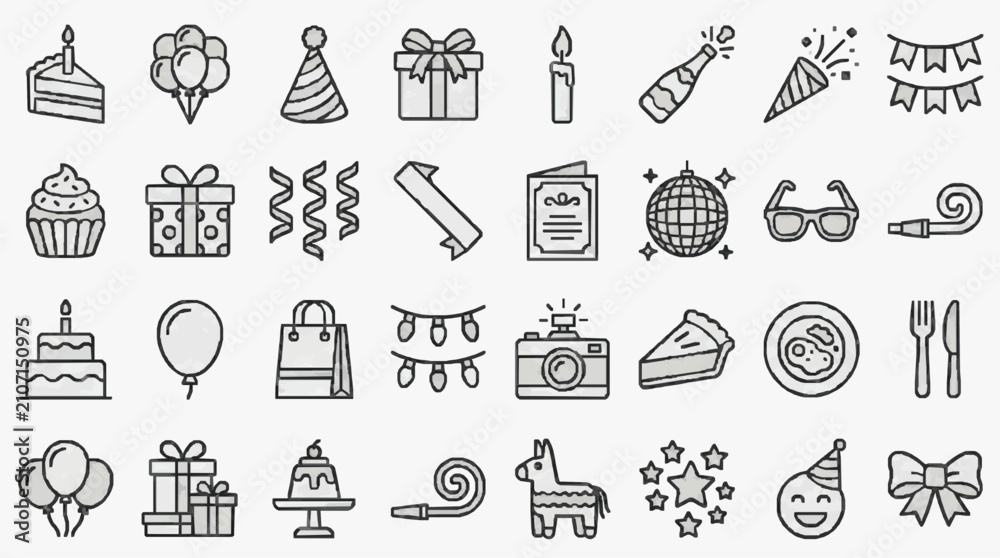 Naklejka premium Professional Black and White Line Drawing Icons Set Featuring Party Celebration Food Gifts and Festive Elements