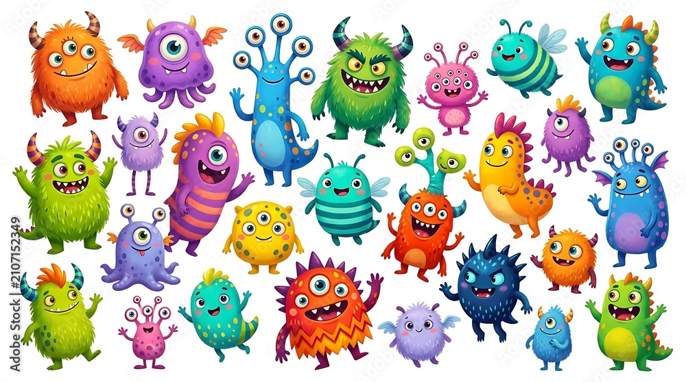 Obraz premium Set of cute colorful monsters isolated on white background
