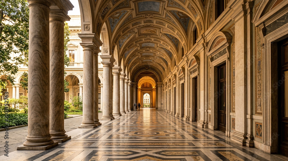 Obraz premium Grand classical loggia with marble columns, vaulted frescoed ceilings, and patterned floor in historic palace