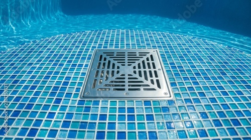This is an underwater view of a round tiled pool floor featuring a metal drain.