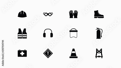 Konstfotografi Minimalist black safety equipment and work gear icons set against plain backgrou