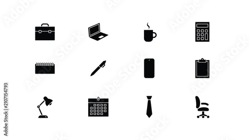 Tableau sur toile Minimalist black icons set featuring office and workday essentials in flat desig