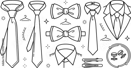 Photos Necktie and bow tie icons set with business suit shirt collar cufflinks tie clip