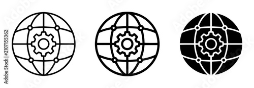 3 Globe icons with gear settings, network connection, outline solid styles, UI and web interface design