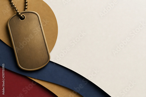 Military dog tag on patriotic paper background, brass soldier identification tag with ball chain, veteran memorial frame with copy space
