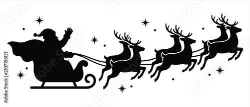 Obraz na płótnie Silhouette illustration of santa claus driving sleigh pulled by reindeer team wi
