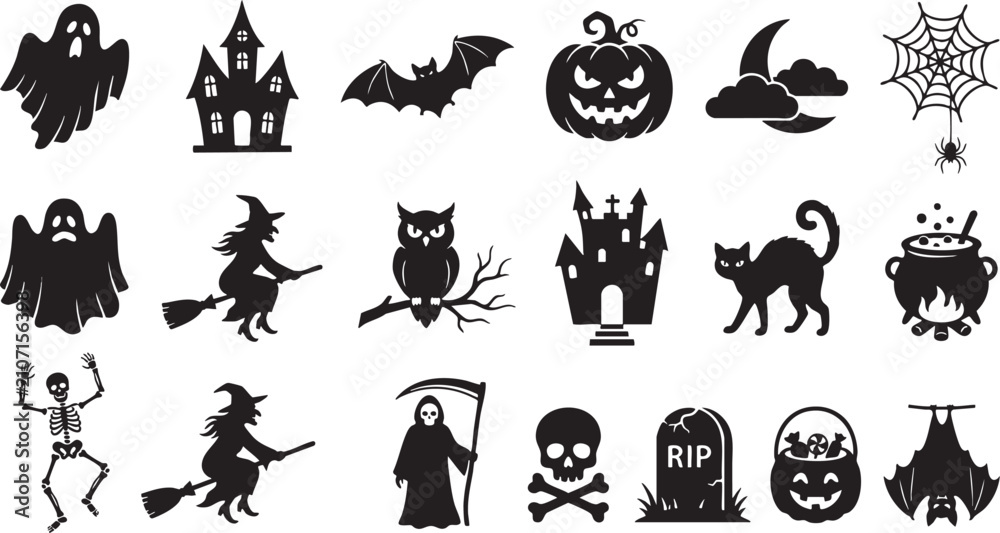 Fototapeta premium Spooky halloween icons collection ghosts witches bats pumpkins more for festive decorations and designs