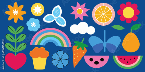 Konstfotografi Vibrant and colorful assortment of cheerful summer icons on a blue background