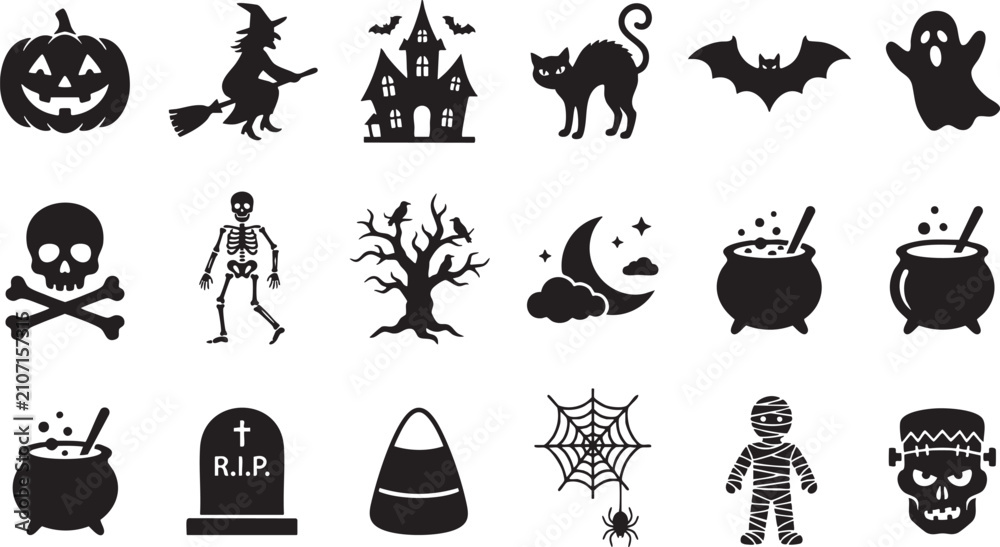 Naklejka premium Spooky halloween icons set jack o' lanterns ghosts witches skeletons and more for festive designs