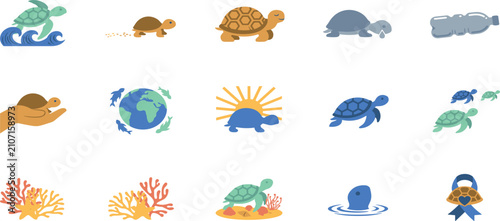 Tableau sur toile Sea Turtle Conservation and Marine Ecology Icon Set with Plastic Pollution Coral