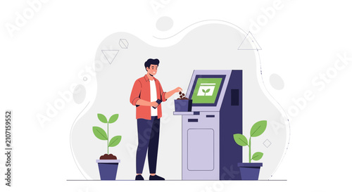 Man depositing coins into a modern ATM, symbolizing financial growth and modern banking services with plant illustrations.