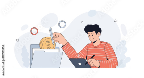 Man Depositing Coin into Folder with Digital Pen and Tablet - Financial Planning and Investment Illustration