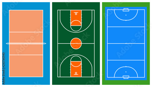 Sports court layout vector set, volleyball court, basketball court and field hockey court top view , tactical game strategy diagrams isolated on transparent background