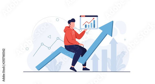 Man sitting on upward arrow holding tablet with graph, representing financial growth and business success in a modern vector illustration.