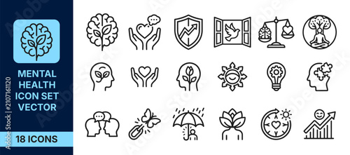 Mental health icon set vector, collection of outline icons representing psychological wellbeing, mindfulness, therapy, and emotional balance