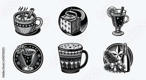 Vintage linocut vector set of Christmas drinks featuring hot cocoa, spiced chai, mulled wine, eggnog with candy cane, coffee mug, and champagne bottle.