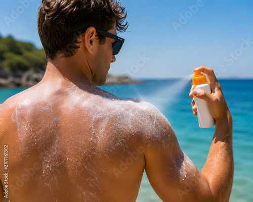 Man enjoying water spray on a beach illustration