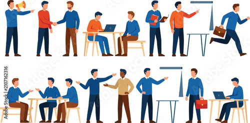 Business Professionals Meeting and Office Collaboration Flat Vector Illustration Collection Featuring Teamwork, Presentation, Handshake, Training and Corporate Workplace Scenes