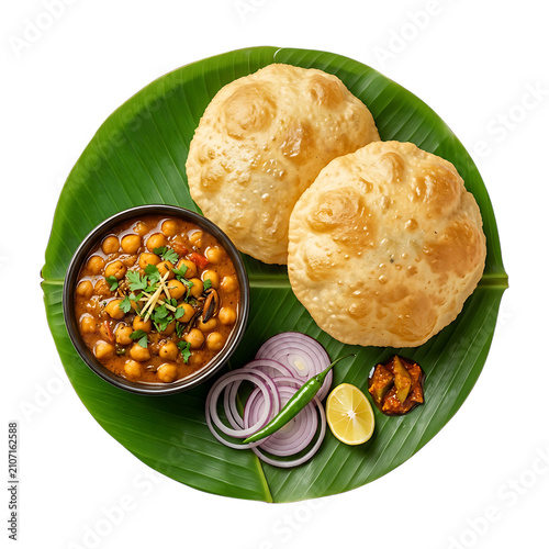 Authentic chole bhature a delicious Indian meal on a banana leaf isolated on transparent background