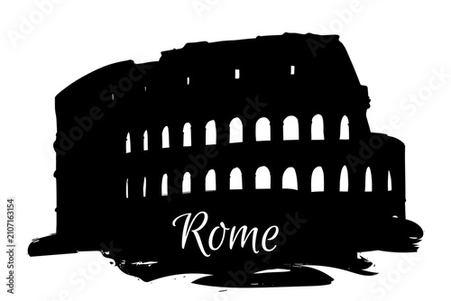 Line art drawing of Colosseum in Rome, Italy, architecture tourism landmark, travel destination illustration