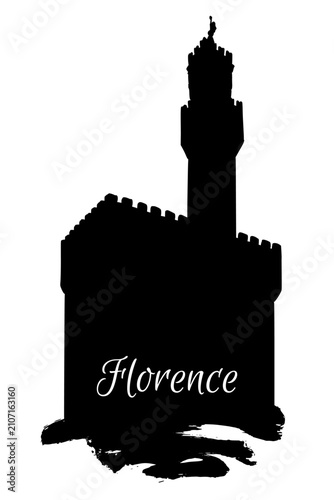 Line art drawing of Palazzo Vecchio in Florence, Italy, architecture tourism landmark, travel destination illustration