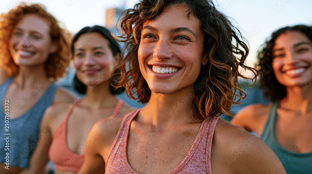 Fototapeta premium Group of friends stretching together on rooftop garden at sunrise