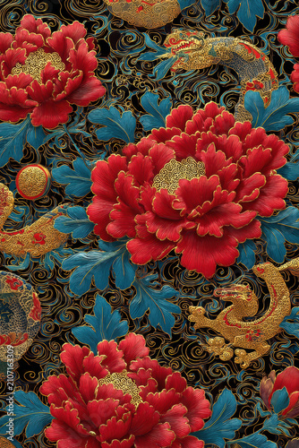 Chinese traditional lunar new year Spring Festival celebration in Asia. A vibrant red and gold floral pattern with a dragon, set against a black background. The intricate design features flowers.