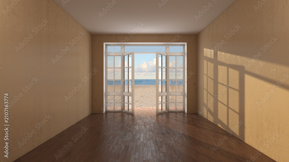 Fototapeta premium Sunlit Empty Interior with Open French Doors Revealing a Sandy Beach and Blue Ocean, Creating a Bright Coastal Living Space with Natural Light, Peaceful Atmosphere, and Modern Design. 3D Illustration