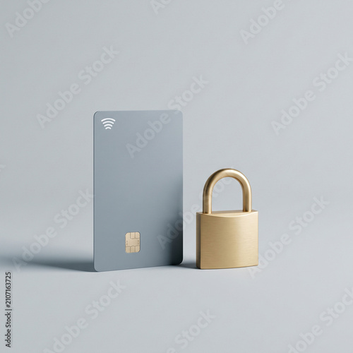 Minimalist credit card with golden padlock on grey background