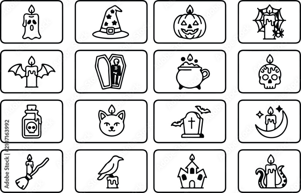 Fototapeta premium Halloween Icon Set Candle Witch Hat Jack o lantern And Other Line Art