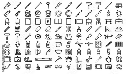 Schilderij op canvas Modern Painting Tools Outline Icons Collection with Editable Stroke Vector Set