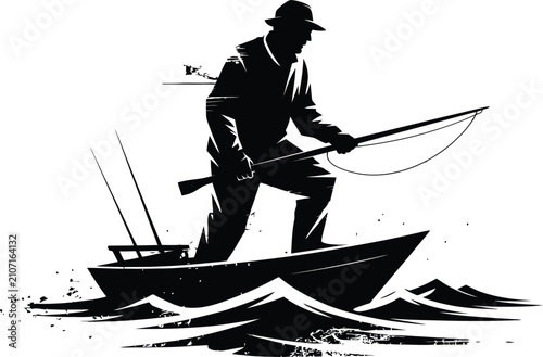 Stylized silhouette illustration of a man fishing from a boat on water in a hat with a rod and tackle on a white isolated background