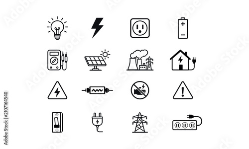 Set of diverse electricity and energy icons for presentations, websites, and educational materials