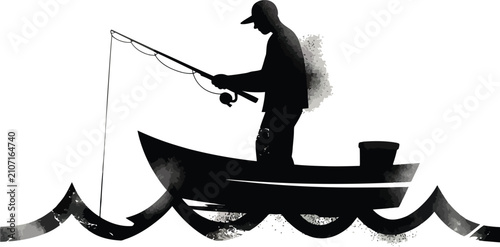 Silhouette of a man fishing from a boat on water with a white background in a minimalist style illustration for design