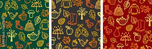 Foto autumn cozy doodle seamless pattern set with sweater mitten tea boot leaf umbrel