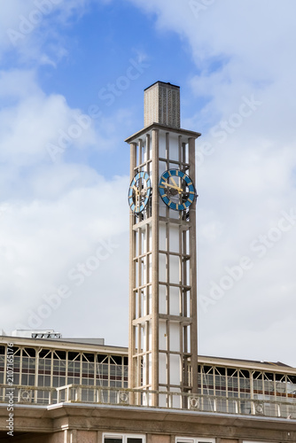 Modern clock tower of the railway station in Hengelo, Netherlands