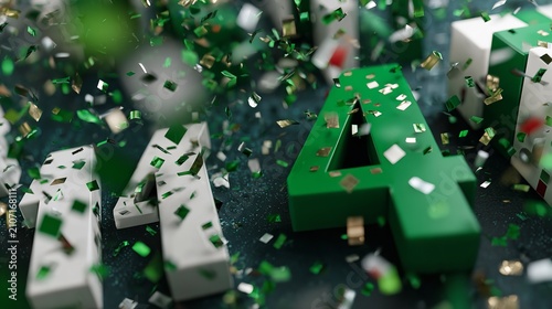 Green and White Confetti Falling on 3D Numbers