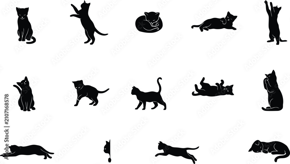 Fototapeta premium Black cat silhouettes collection diverse poses for design projects